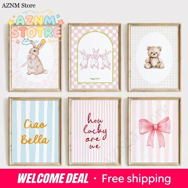 Trendy Quotes How Lucky Are We Nursery Animals Coquette Buuny Bear Poster Canvas Painting Wall Art Pictures Home Decor