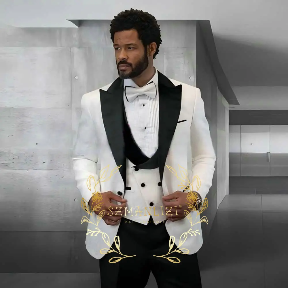 White Jacquard Suits For Men Slim Fit 3 Piece Jacket Vest Pants Set For Groom Wedding Prom Tuxedo Formal Banquet Blazer