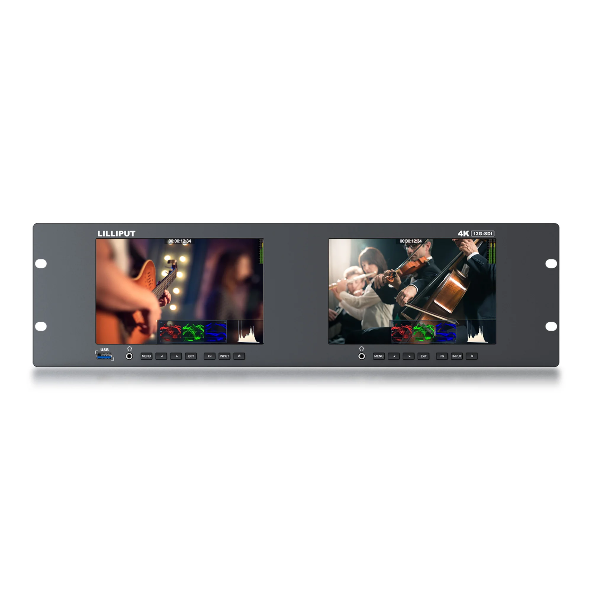 Dual 7 Inch Widescreen Audio Video Monitor High Brightness IPS Panel 4K 12G-SDI  for Rack