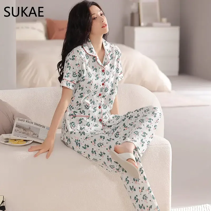 SUKAE M-4XL Summer Lady Pijama Women Clothing Underwear Short Sleeves Full Pants Cardigan Pajama Turn-down Cotton Sleepwear