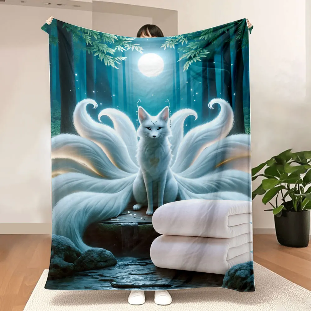 Couverture de renard au clair de lune de la forêt enchantée – Jeter plié doux rose clair/blanc avec des étincelles de luciole magiques, idéale pour une veilleuse confortable