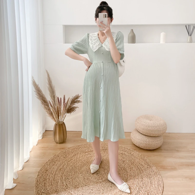 2024 Summer Korean Fashion Maternity Dress Elegant Lace O Neck A Line Loose Clothes for Pregnant Women Pregnancy Clothing