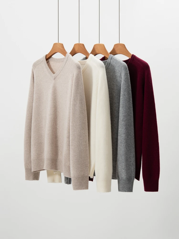 

Women New 100% Cashmere Pullover Sweater Autumn Winter V-neck Soild Versatile Soft Comfort Thick Warm Knit Basic Long Sleeve Top