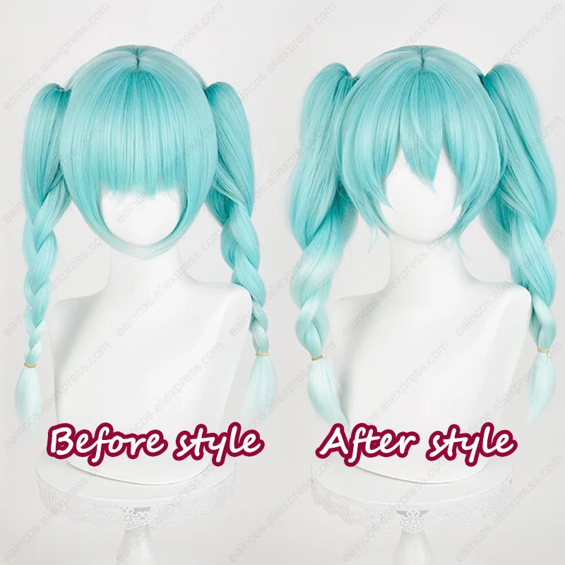 Miku Bunny Cosplay Wig 45cm Long Braided Ponytails Wigs Cyan Gradient Wigs Heat Resistant Synthetic Hair