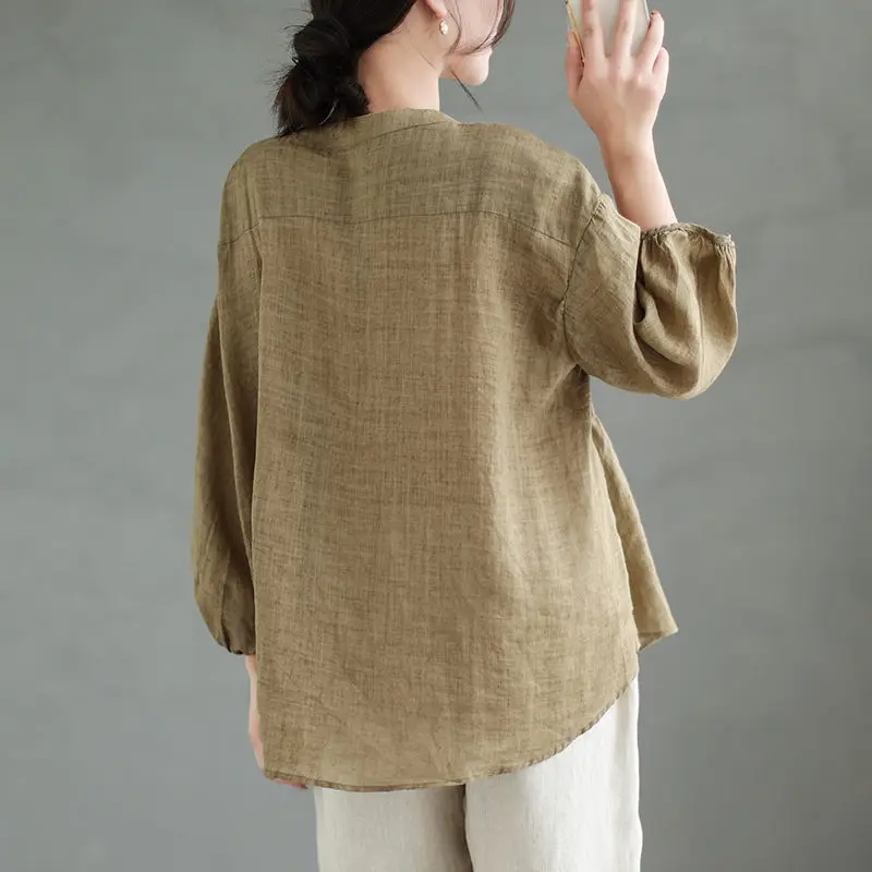 Oversize Cotton Ramie Ladies Tops Summer Fashion Retro Woman Shirt Ethnic Style Imitation Linen Thin Loose Casual Blouse 2023