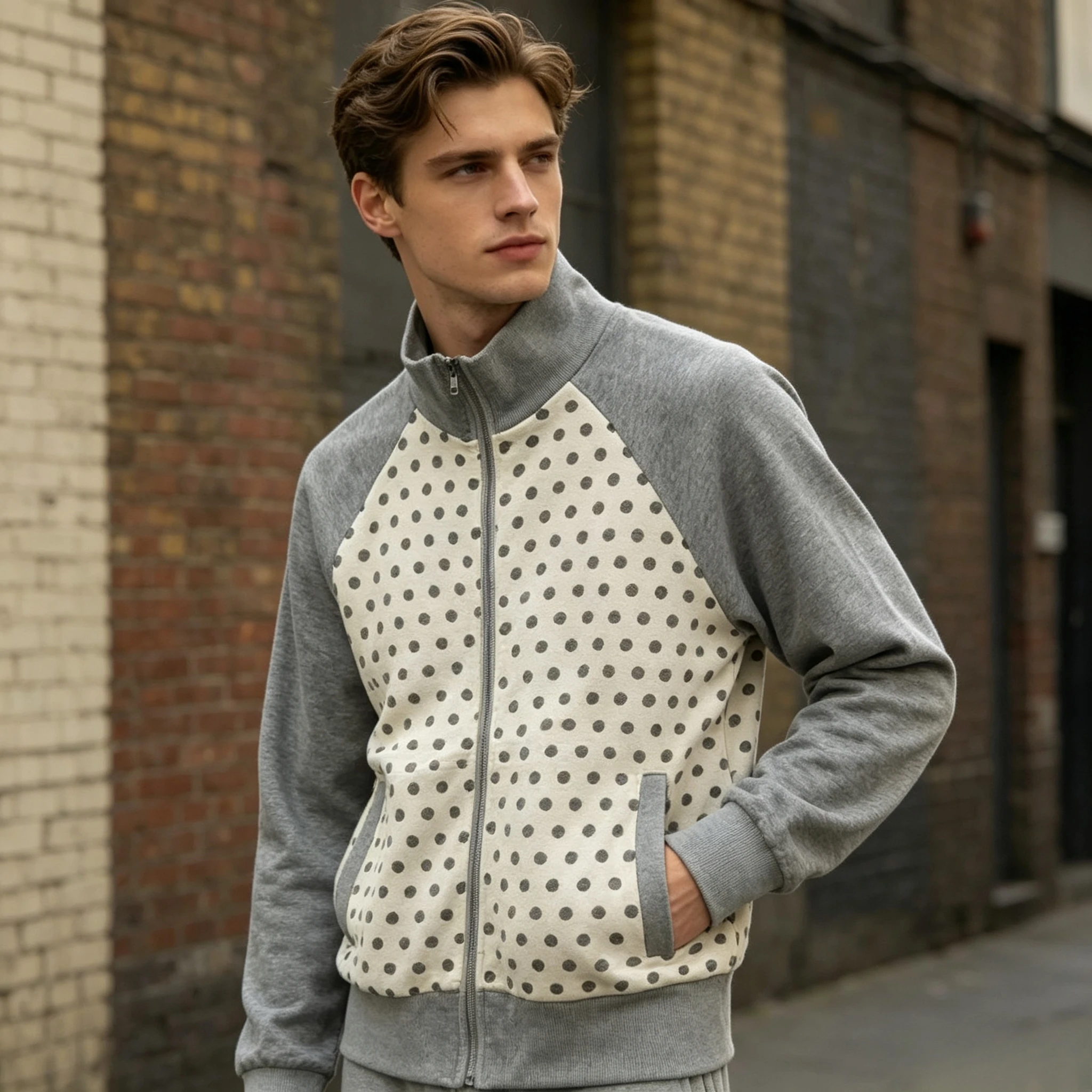 Polka Dot Patchwork Stand Collar Jacket Grey Beige Color Block Full Zip Sweatshirt Outerwear Classic Vintage Top With Pocket
