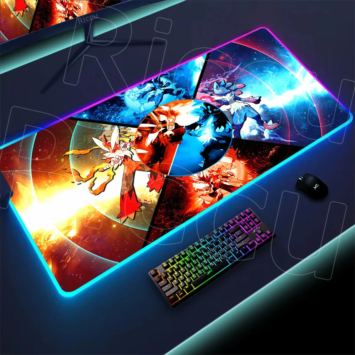 

RGB Gaming Mouse Pad Mouse Pad Anime Pc Accessories Mousepad P-pokemon Lucario Xxl Mat Gamer LED Large Desk Mat Non-slip Playmat