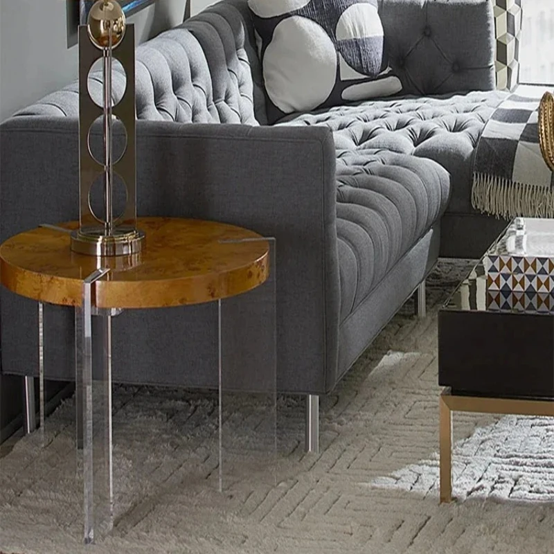 

Wooden Bark round Living Room Coffee Table Simple Modern Design Acrylic Feet Tea Table
