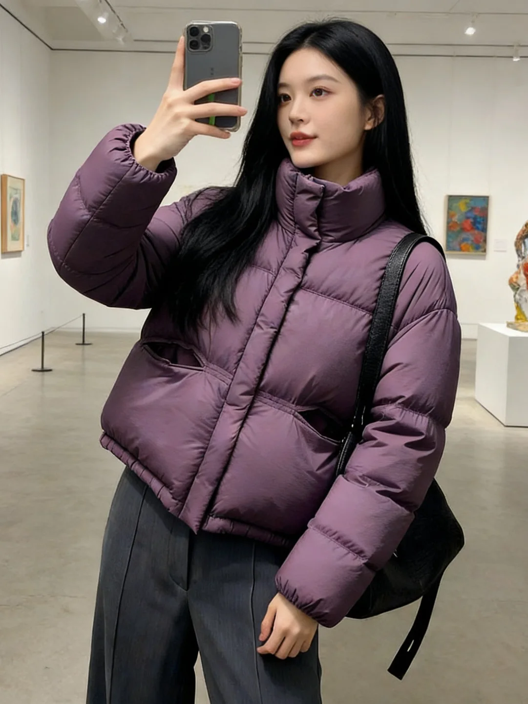 

Retro Purple Stand Collar Short Cotton Jacket Women's Fashionable Thick Outerwear for Winter Season Trendy All-Match Coat