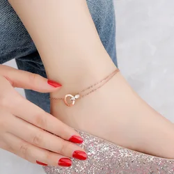 Retro Full Zircon Roman Numeral Double Rings Cross Leg Chain for Women New Luxury Stainless Steel Anklet Summer Beach Jewelry