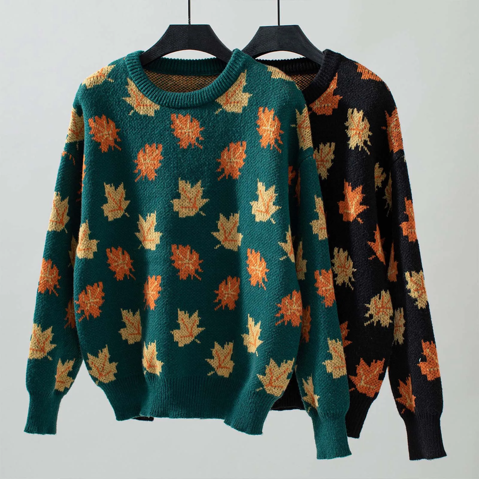 

New 2024 Autumn Winter Women's Knitted Pullovers Maple Leaf Sweater Fashion Casual O-Neck Warm Jumpers Knitwear Sweater