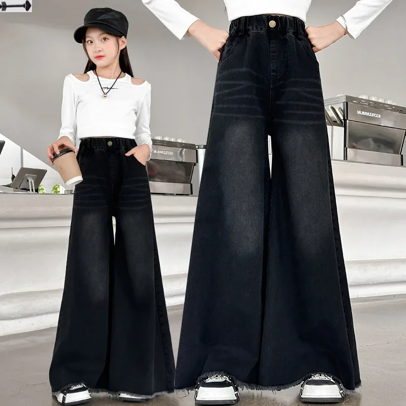 Pantaloni per ragazze Jeans moda primavera e autunno pantaloni larghi autunnali pantaloni Casual a gamba larga per bambini grandi semplici Casual