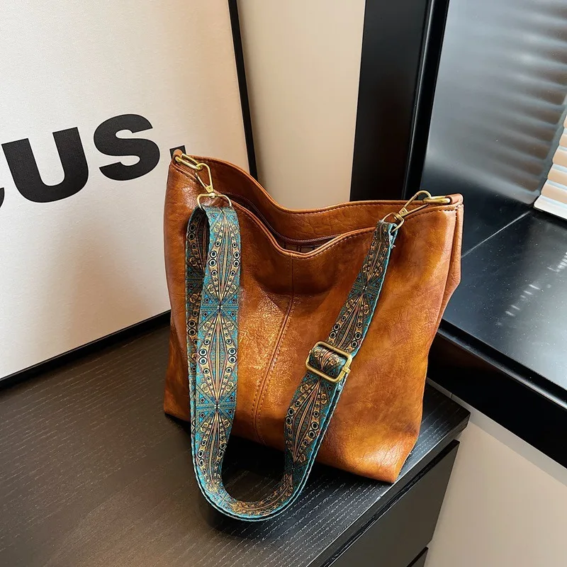 Vintage Tote PU Leather Texture Commuter Large Capacity Shoulder Bag Casual Personality All-Match Shopping Square Satchel Bags