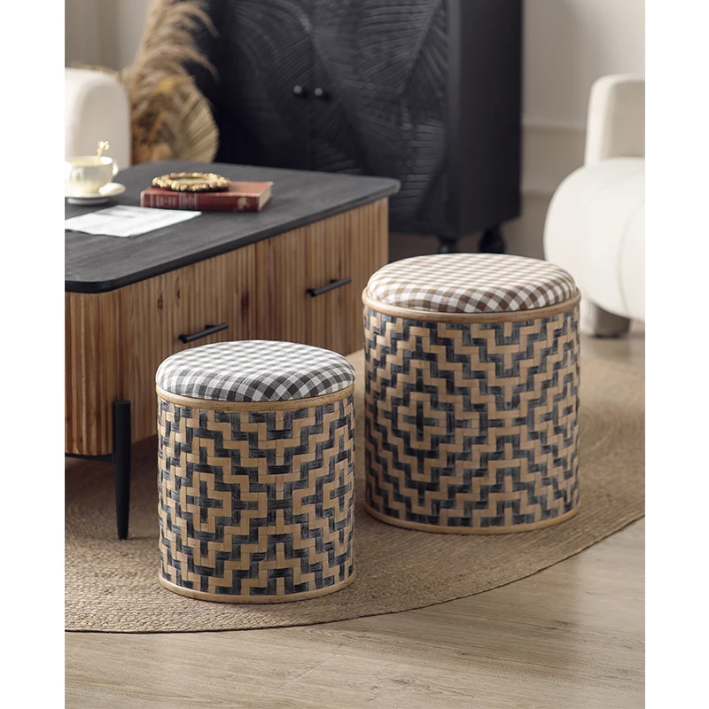 

Bohemian Style Bamboo and Cloth Stool High Stool for Indoor Outdoor Decor Natural Living Room Furniture Wholesale