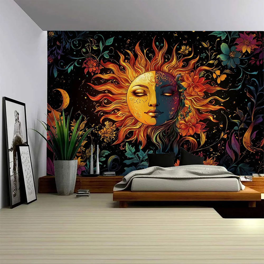 Sonnengott Kunst Wandteppich Hippie Sonne Mond Wandteppich Home Ästhetik Dekoration Wandtuch Strandtuch Tischdecke Bettlaken