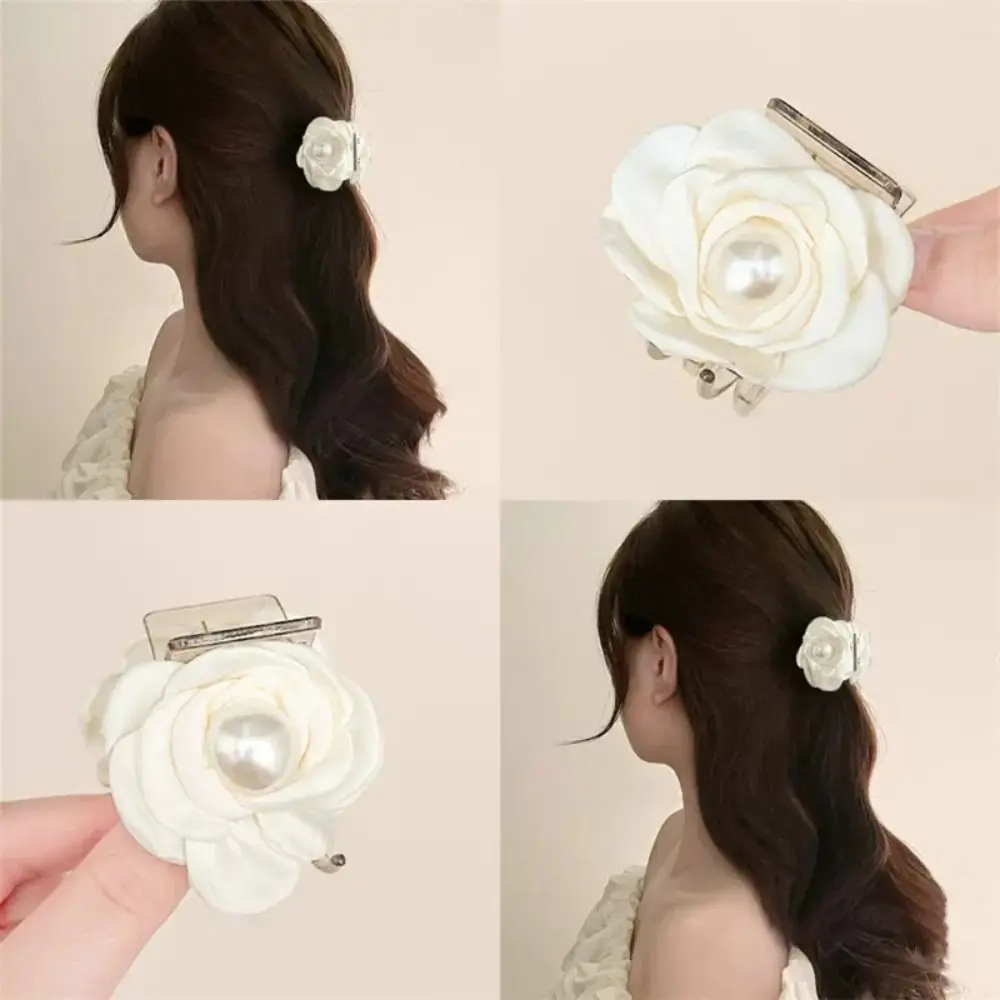 

Fashion 5-Tooth Design Camellia Hair Clip Small Fabric Elegant Pearls Flower Hair Claw Stereoscopic Hair Ornament Back Head Wear