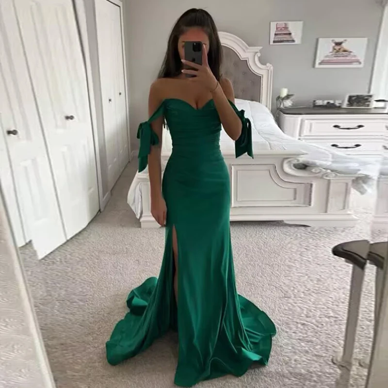 Sexy Off Shoulder Satin Mermaid Bridesmaid Dresses Long with High Slit Sweetheart Straps Wedding Party Gown for Women