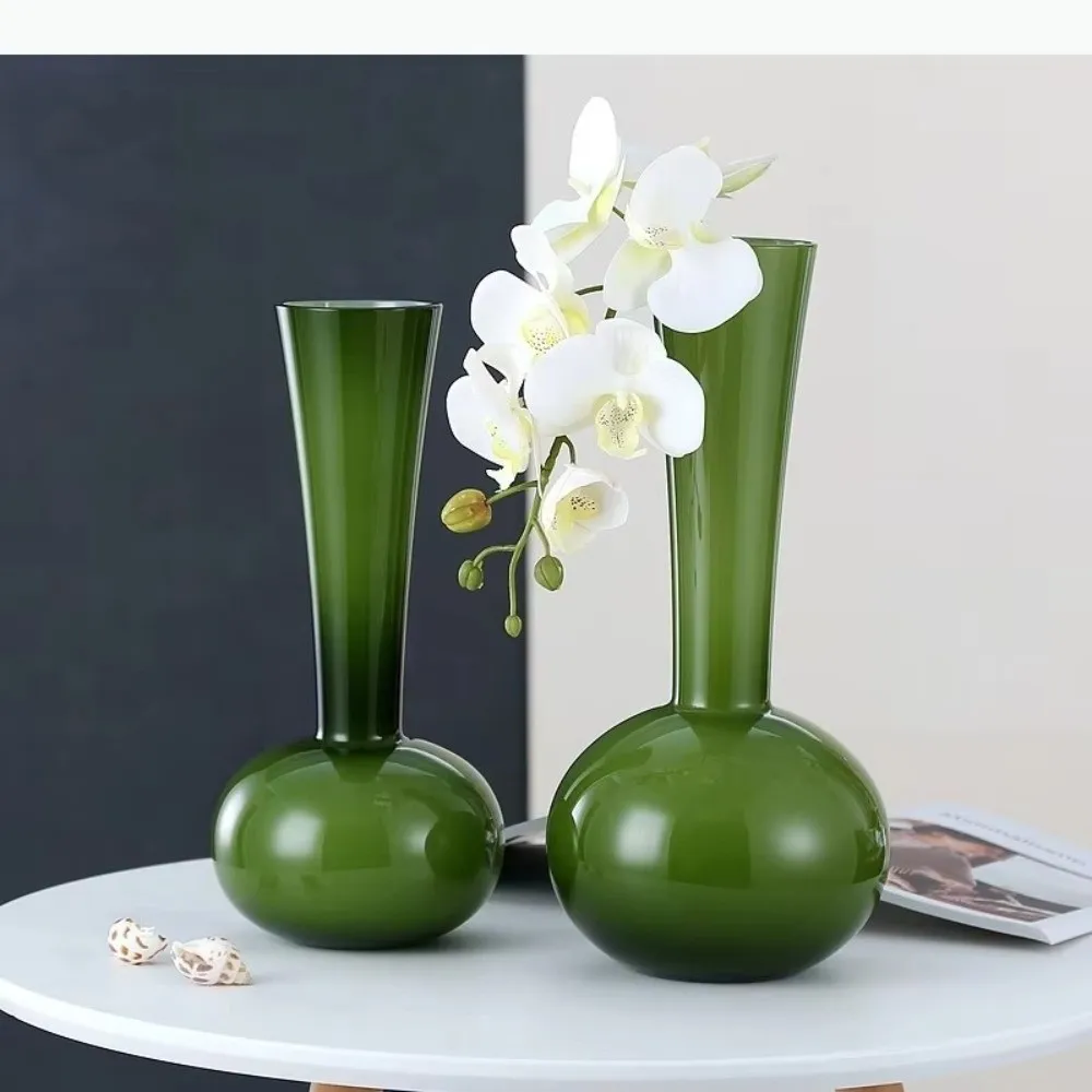 Desktop Flower Ware Olive Green French Vintage Vase Glass Swan Neck Dried Flower Vase Luxury Unique Artistic Planter Hotel Lobby