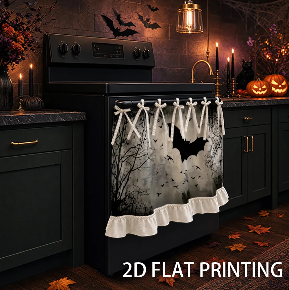 1PC Kitchen Stove Curtain, Cabinet Curtain and Apron. Featuring a 2D Graphic Design with a Halloween-Themed Design Featuring a B