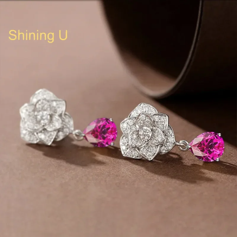 Shining U S925 Silver Camellia Flower 9*11mm Drop Earrings for Women Fine Jewlry Wedding