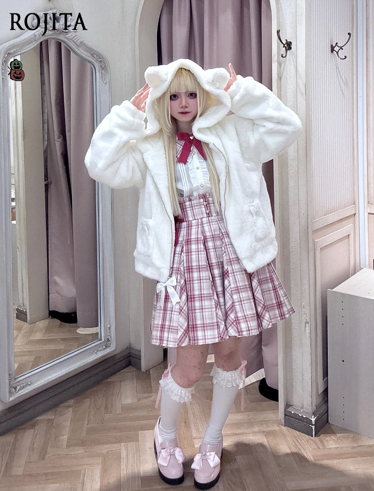 Japanese Style Cute Fluffy Tuer Hooded Jacket Sweet Girl Solid Color Long Sleeve Cat Ears Zipper Faux Fur Coat for Women Winter