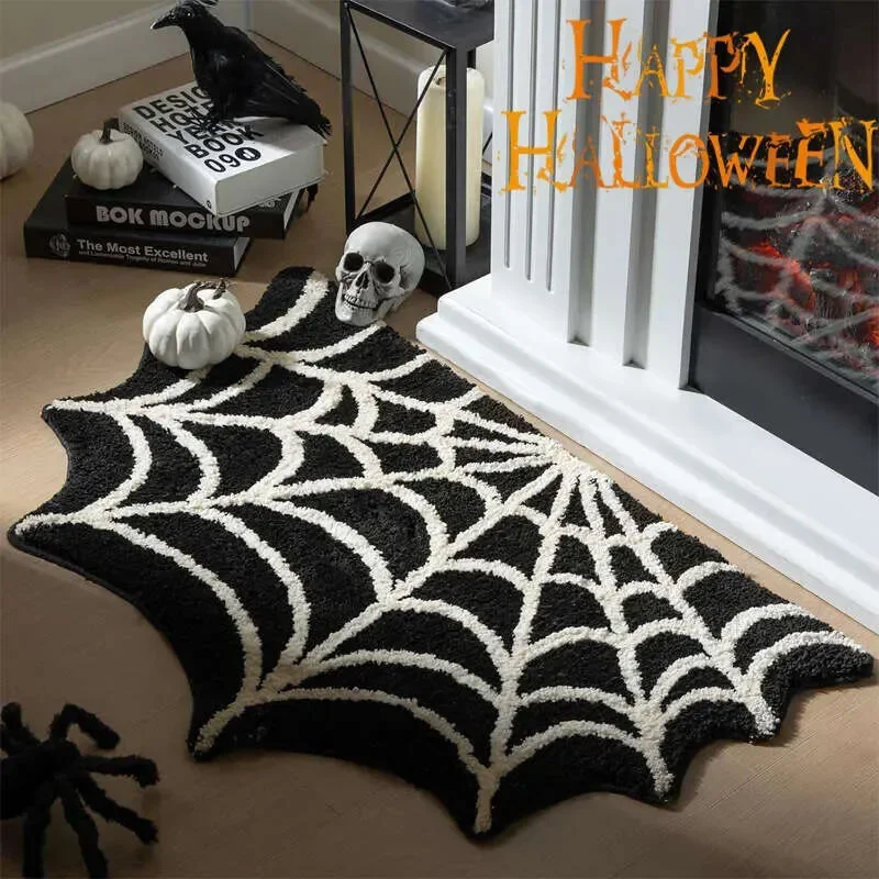 

Rug Web Bathroom Black Halloween Spider Decor Spooky Gothic Bath Non-Slip Tufted Mat For Front Door Living