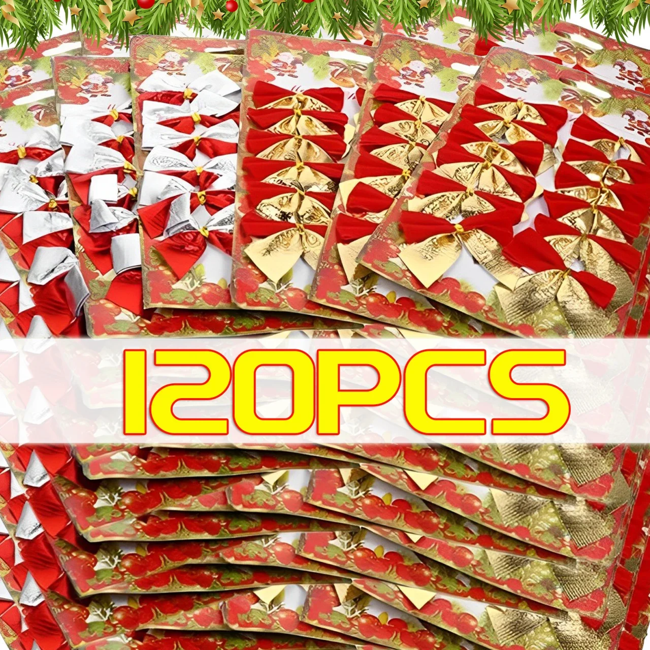 12/120PCS Christmas Mini Bowknots Gold Silver Red Xmas Tree Wreath Hanging Pendants DIY Craft New Year Party Home Decor Supply