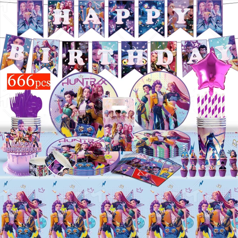 

Kpop Demon Hunter Birthday Party Set Accessorie Birthday Party Balloon Disposable Tableware Cups Plates Tablecloth Cake Decor