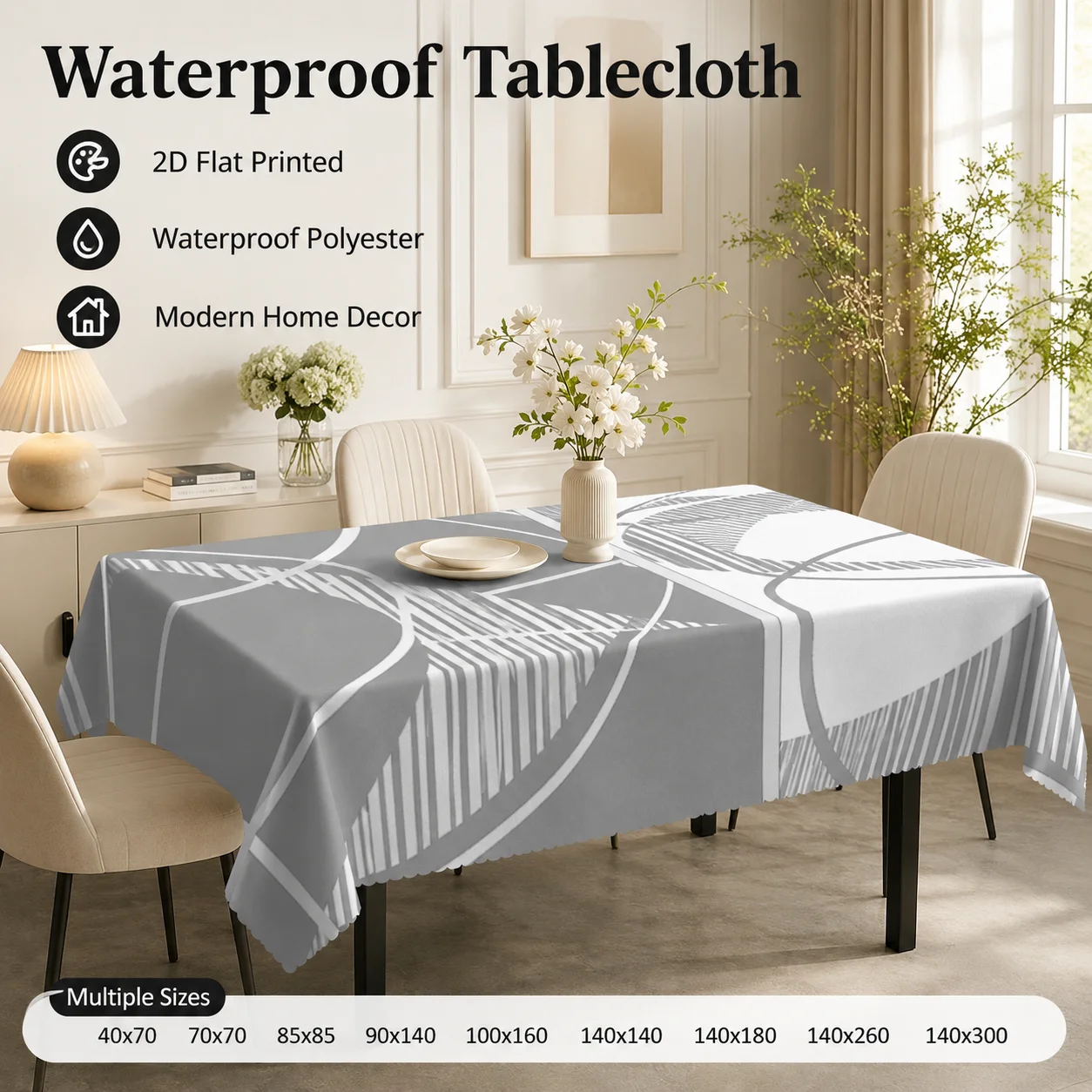 

Modern Geometric Waterproof Polyester Tablecloth 2D Flat Printed Abstract Grey Striped Table Cover For Kitchen Dining Room Decor