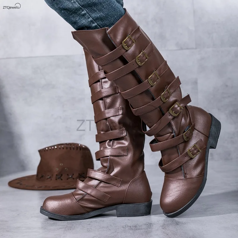 

New Halloween Retro Pirate Faux Leather Boots for Men and Women Medieval Knight Renaissance Long Cosplay Shoes