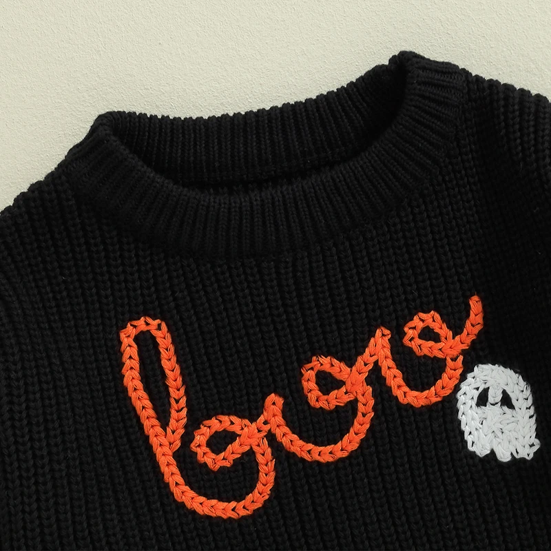 Toddler Girls Boys Sweater Halloween Clothes Pumpkin Ghost Spider Letter Embroidered Long Sleeve Kids Pullovers Fall Tops