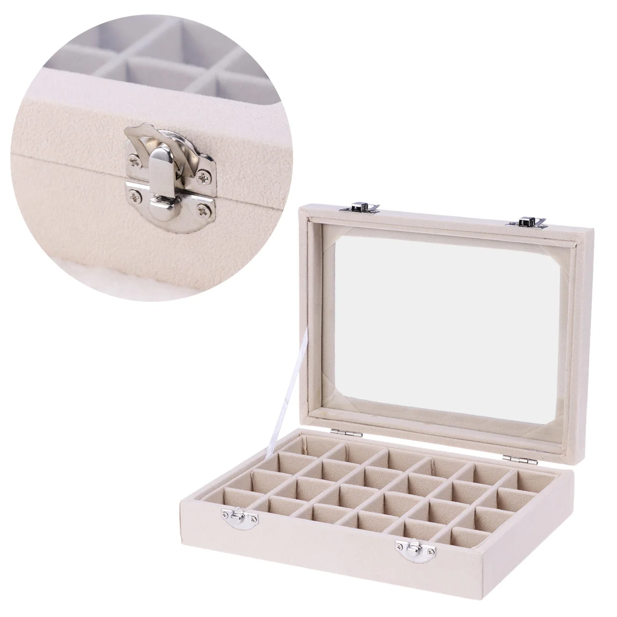 

Grid Jewelry Storage Boxes Jewelry Organizer Portable Display Box with Glass Cover for Ring Earrings (Beige)