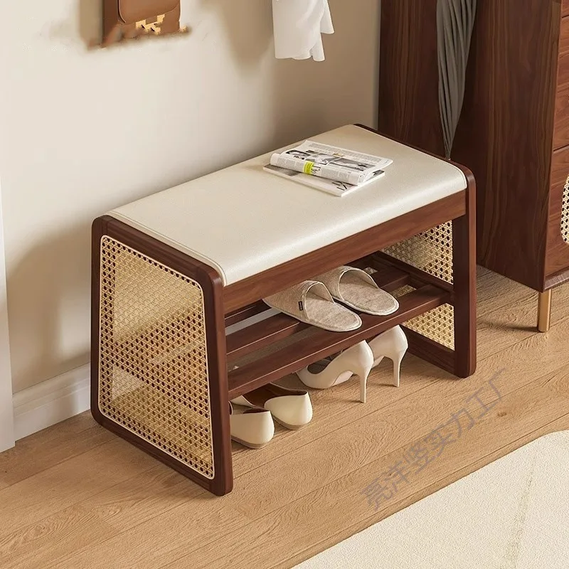 

Solid wood rattan shoe changing stool door home entrance door can sit shoe cabinet