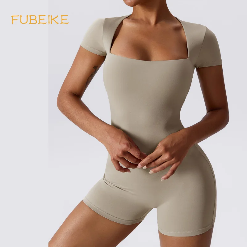 

FUBEIKE Tight Quick-Drying T-shirt Short Sleeve Square Neck High Waist Women's Training Dance Fitness Sports Yoga Jumpsuits