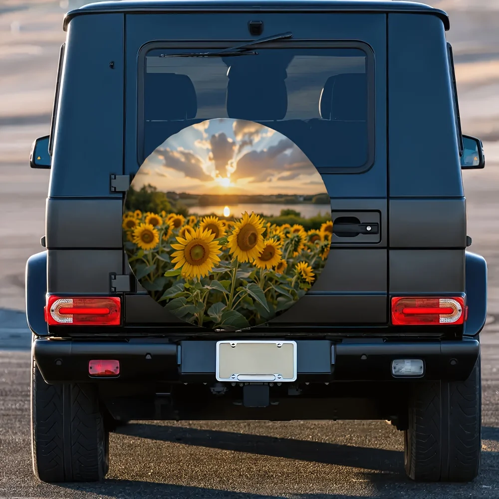 1pc 2D Flat-Printed Tire Covers Featuring A Sunflower Sunset By A Lake. These Fabric Covers Are Suitable For Truck And Trailer T