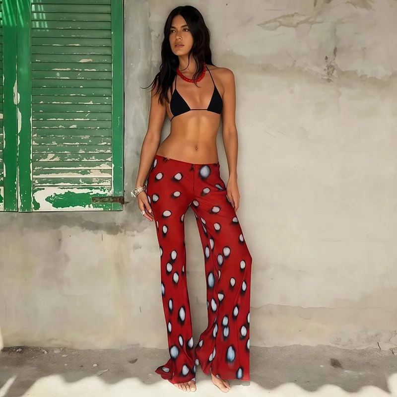 STYLISH LADY Red Irregular Dot Print Flare Pants 2026 Women Low Waist Slim Stretch Casual Long Trousers Summer Streetwear