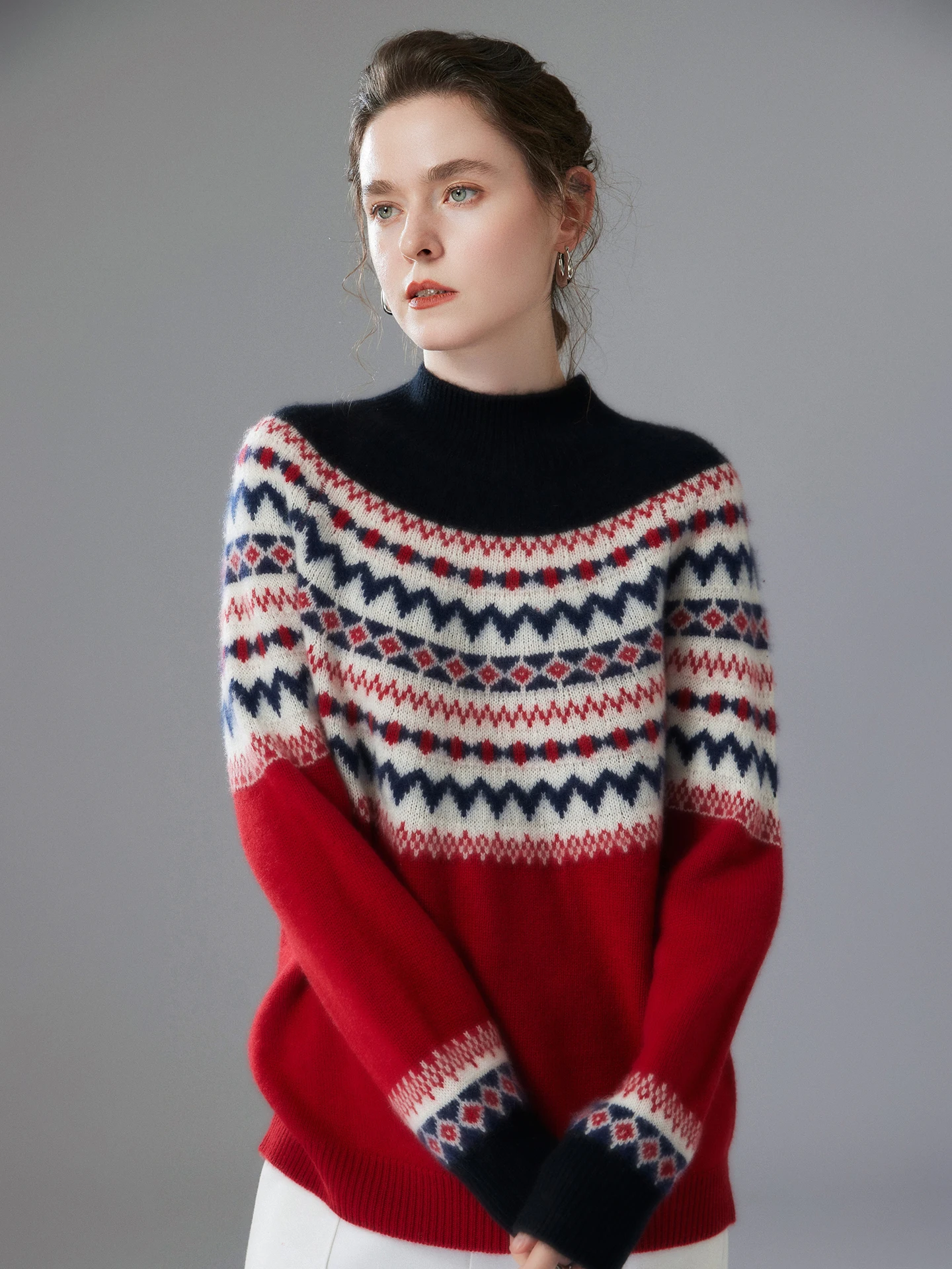 เสื้อสเวตเตอร์แคชเมียร์แท้ 100% สำหรับผู้หญิง ลาย Faire Isle แบบ Jacquard คอเต่า ทรงหลวม นุ่ม หนา เหมาะสำหรับฤดูใบไม้ร่วงและฤดูหนาว สไตล์วินเทจ