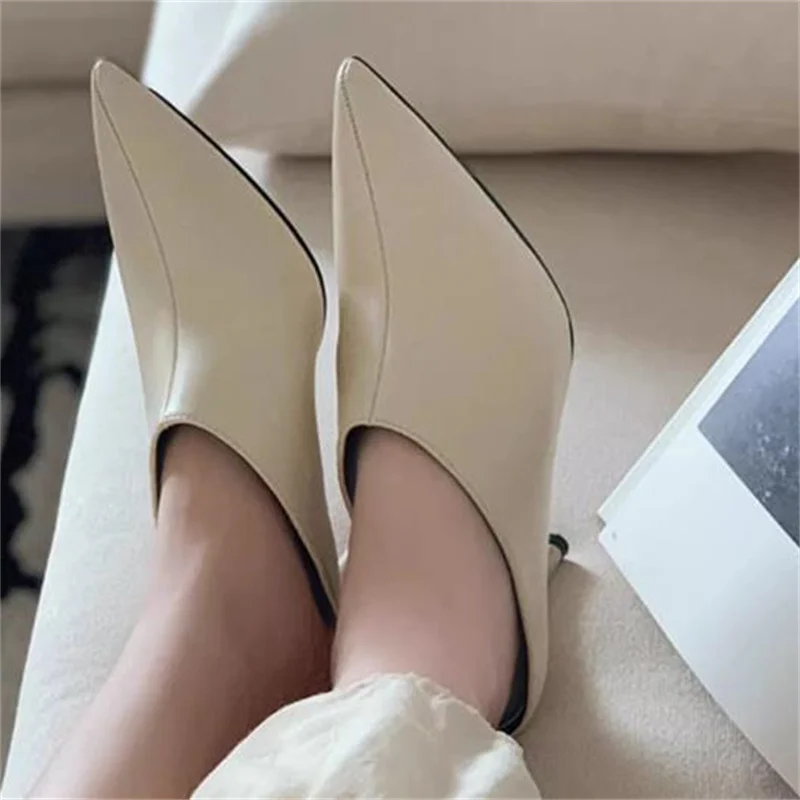 Sewing Lines Shoes for Women Pu Leather Thin High Heels Pointed Toes Female Mules Shallow Zapatos Mujer Solid Chassure Tacones