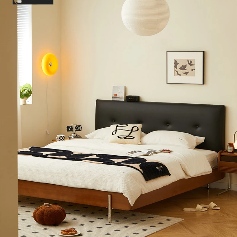 

Nordic solid wood soft bed simple bedroom master bedroom big bed retro Japanese leather
