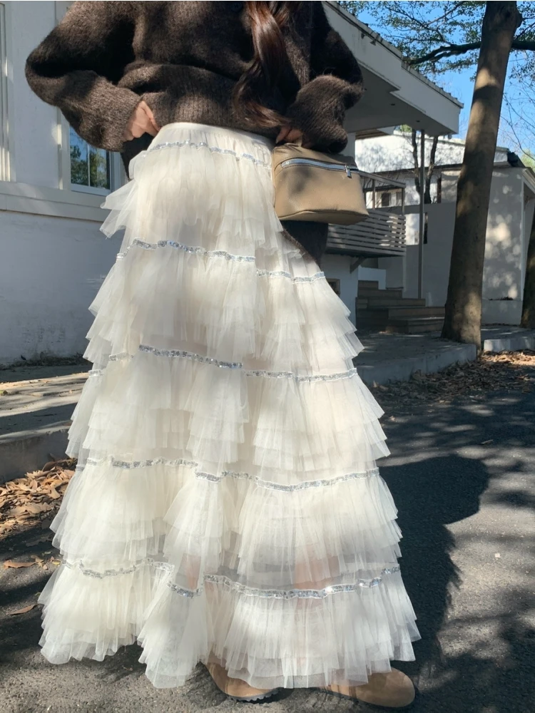 

Sequined Maxi Long Skirt Women Mesh Skirt 2026 Goth Lolita Spring Autumn High Waist High Low Ruched Ruffle Pleated Skirts rok