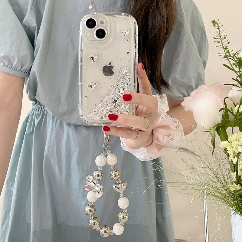 Ins الفاخرة الفضة 14ProMax 13 12 برو حالة الهاتف ل الرمال المتحركة بريق آيفون حالة 11 مع سلسلة