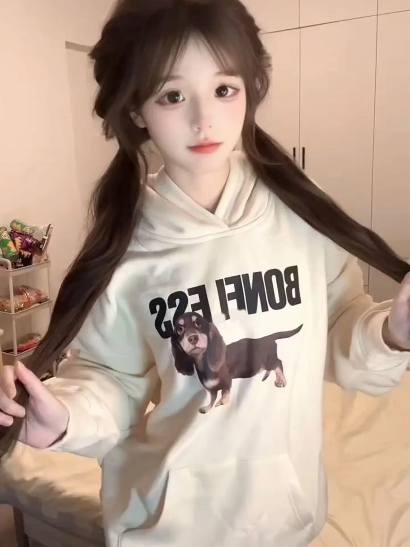 Loose Women's Hoodie Sweatirt Autumn Winter Sausage Dog Letter Print Light Tawny Color Hooded Jaet Casual Versatile Top