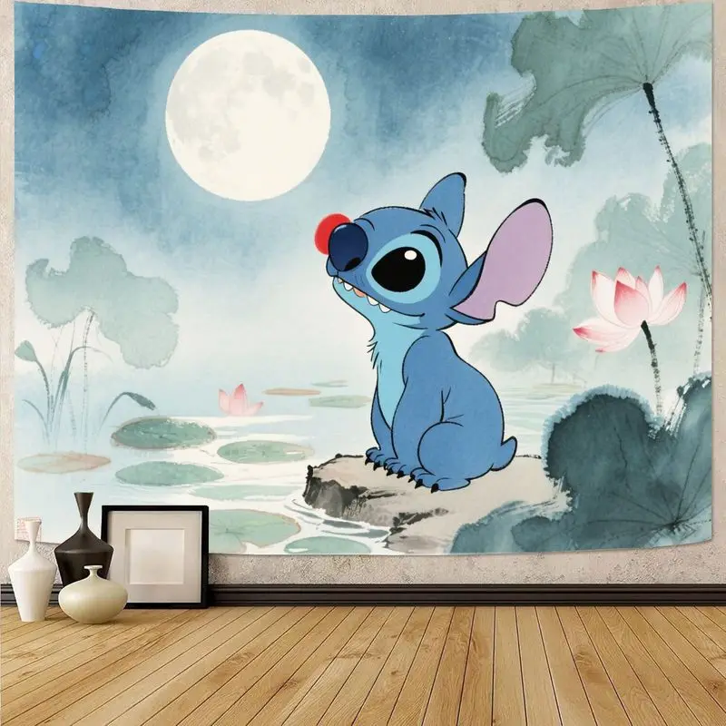 

1PC Stitch Blue Cute Cartoon Tapestry Moonlit Scene Wall Art Home Decor Perfect for Kids' Room and Disney Fans
