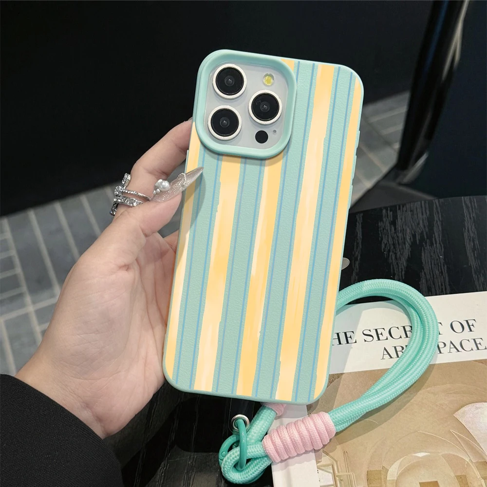 Contrast Stripe Hand Wrist Strap Leather Phone Case For iPhone 17 13 11 12 Pro Max Plus 15 14 16 XR XS 17 Air With Lanyard Cover