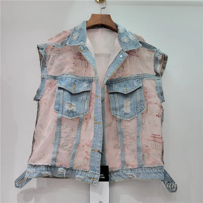 

Machine Embroidery Mesh Stitching Design Denim Coat for Women 2024 New Summer Loose All-Matching Sleeveless Vest Thin Coats