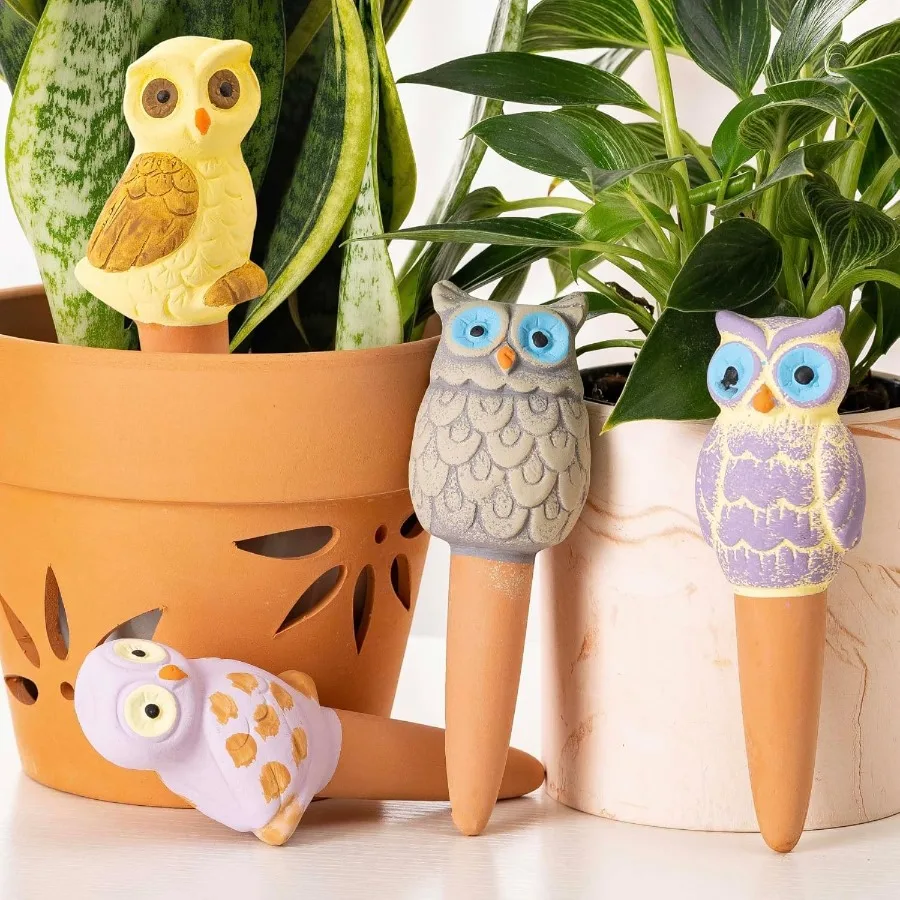

4 Pack Handmade Terracotta Owl Watering Spikes and Globes SelfWatering Plant Devices with Slow Release System for Continuous Mo