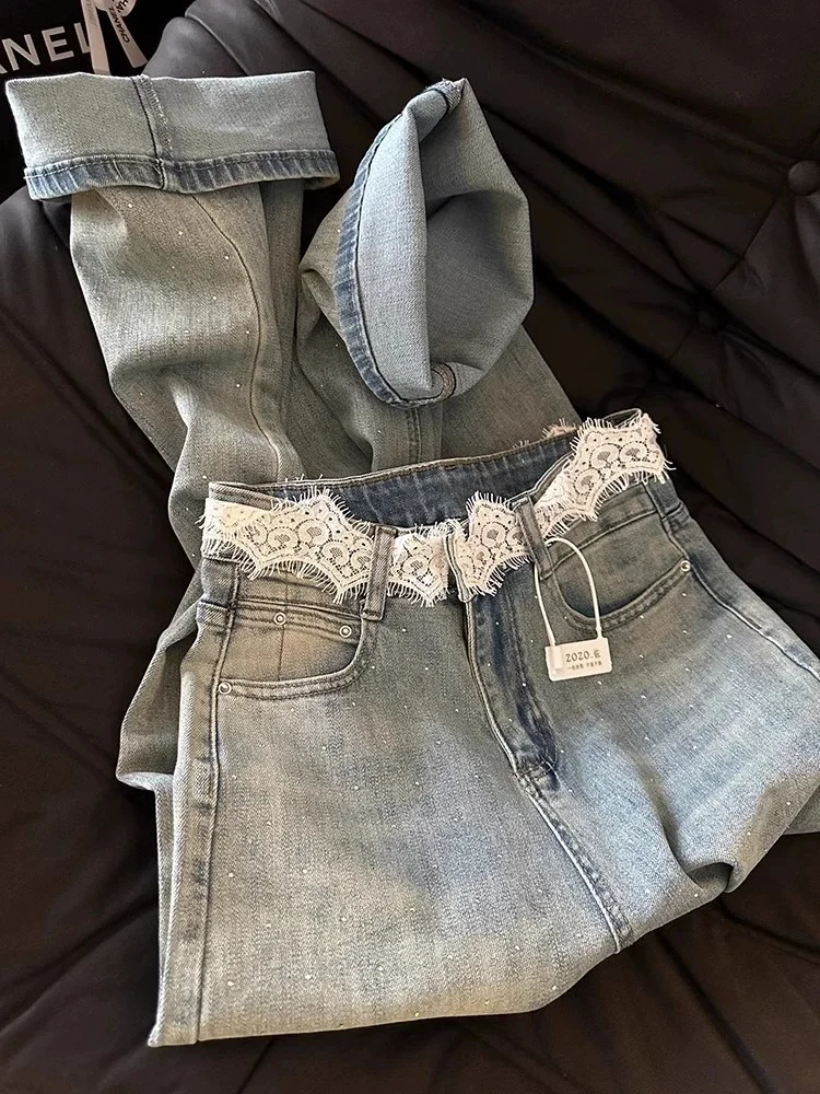 

2025 New Blue Jeans Korean Lace Splicing High Waist Straight Leg Pants Women's Spring Retro Hot Diamond Loose Wide Legs Trouser