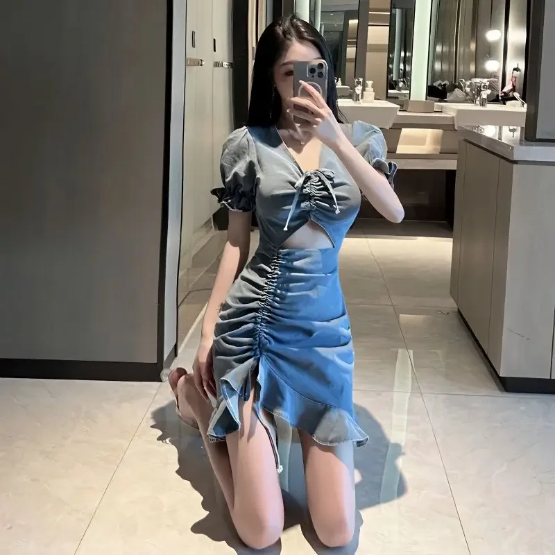 Bodycon Corset Tight Female Dress Short Sleeve Mini Ruffle Women's Dresses Designer Clothing Y2k Elastic Elegant Luxury Trendy