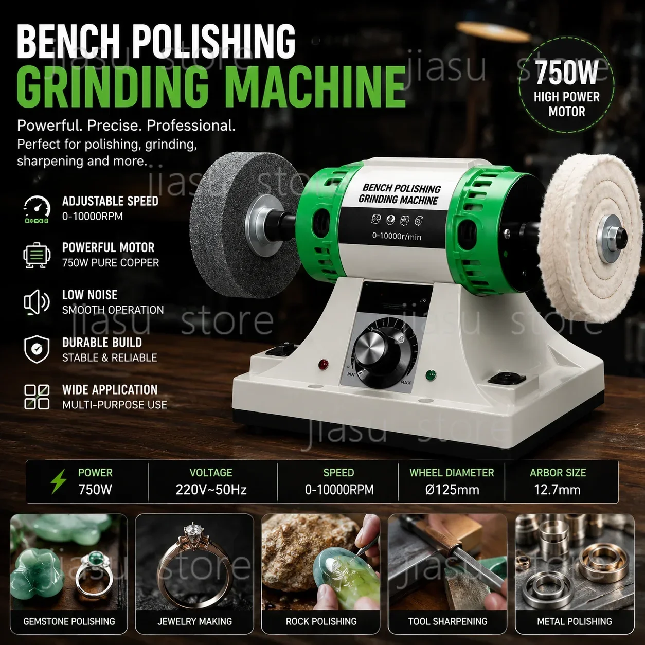 220V 750W Bench Polishing Grinding Machine Adjustable Speed 0-10000RPM Desktop Gem Jewelry Rock Polisher Grinder