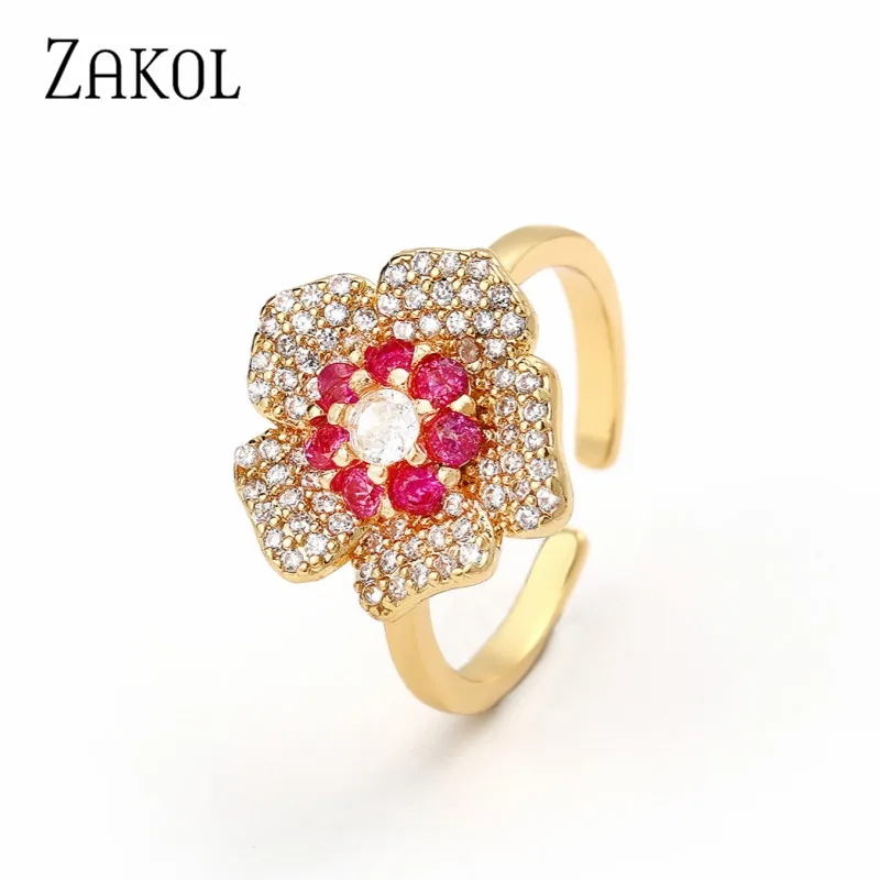 

ZAKOL Delicate Flower Open Ring Cubic Zirconia Aesthetic Women's Hand Accessories White Green Rose Red Rings Trendy Jewelry Gift